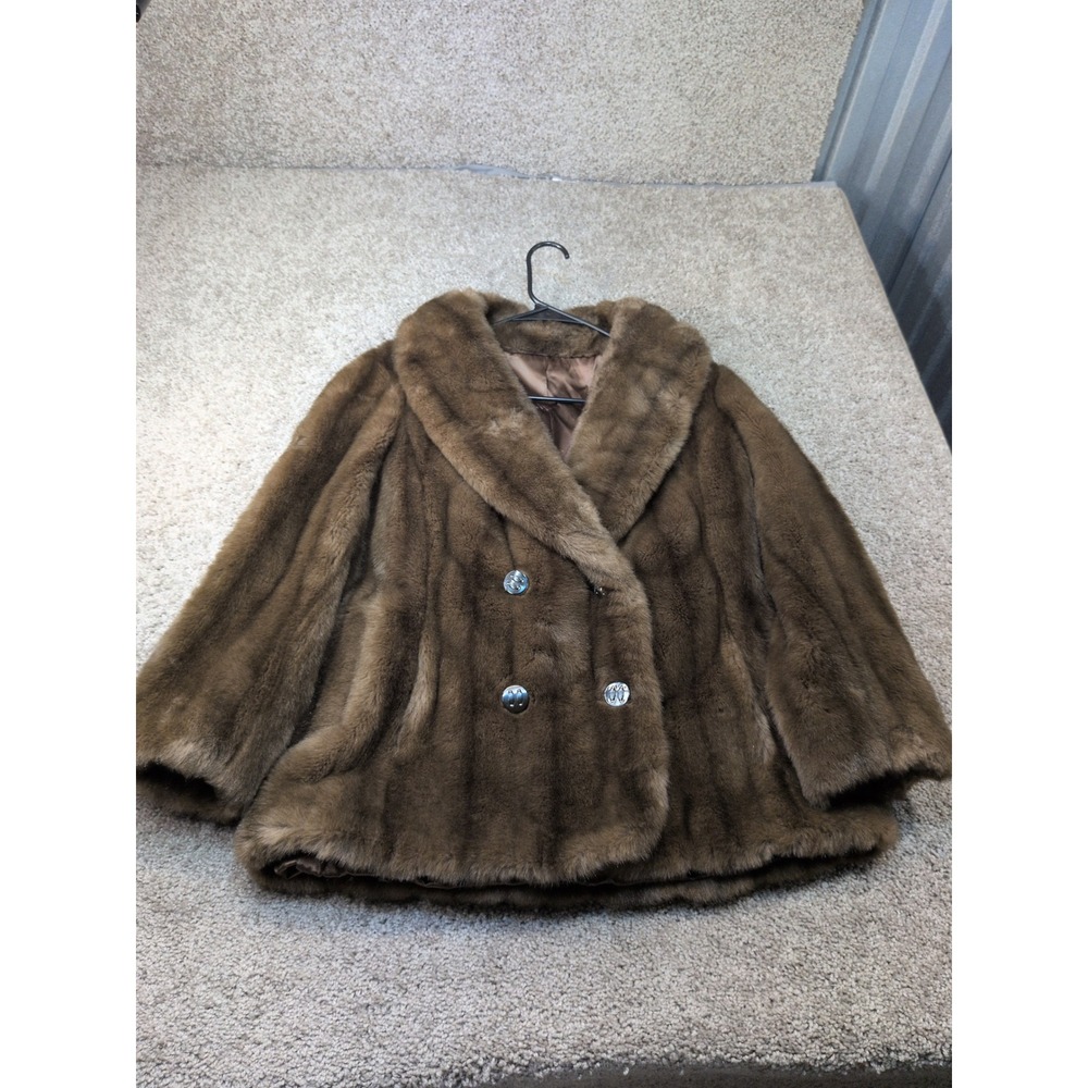 Vintage Sportowne Faux Fur Coat Brown Double Breasted Shawl Collar Size 12 ILGWU